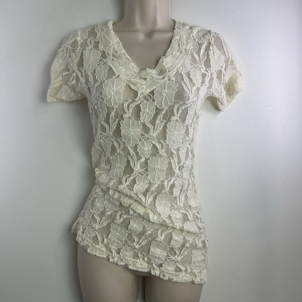 Y2K Sheer Floral Mesh Short Sleeve Top Size M Coquette Cottage Fairy Grunge